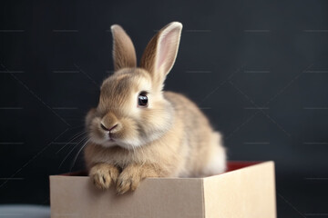 Rabbit in a cardboard box on a black background close-up
