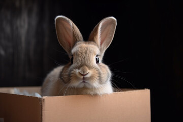 Rabbit in a cardboard box on a black background close-up