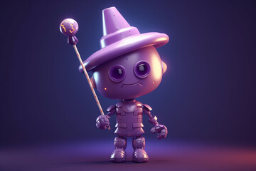3d render of little robot in halloween costume with magic wand
