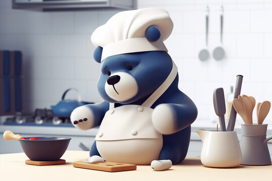 Cute blue bear in chef hat and apron cooking in the kitchen