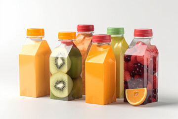 Bottles of fresh juice with fruits and vegetables on a white background