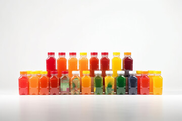 Bottles of fresh juice with fruits and vegetables on a white background
