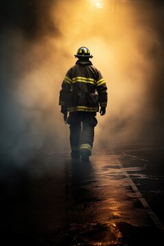 full view of a firefighter fireman walking away - rear back view - walking alone in the smoke