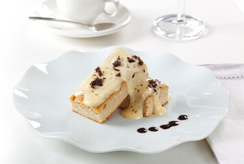 Cottage cheese pudding with custard cream and chocolate