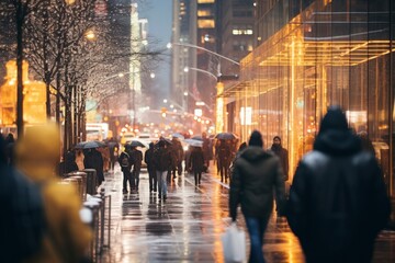 The blur of passing people infuses the winter street with a rhythm, punctuating the festive night. - obrazy, fototapety, plakaty