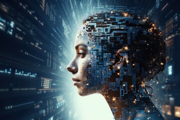 Beautiful young woman with a digital neural circuits in her head in a technology room. Concept of artificial intelligence, future, technology, innovation, etc.