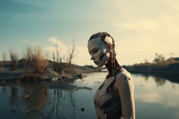 Beautiful robot woman in the nature. Concept of artificial intelligence, future, technology, innovation, etc.