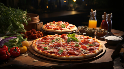 pizza with salami and tomatoes HD 8K wallpaper Stock Photographic Image