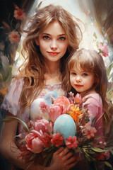 Easter watercolor illustration of mother and daughter with flowers and eggs, painting pastel colors