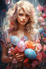 Fototapeta na wymiar Easter watercolor illustration of a young girl with flowers and eggs, painting in pastel colors