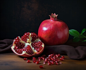 Juicy and ripe red pomegranate and green leaves on a dark background, stylised with a dark burgundy combination of natural elements.