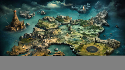 Aged map of mythical lands, Fantasy exploration, Dragons, mermaids, and uncharted territories,