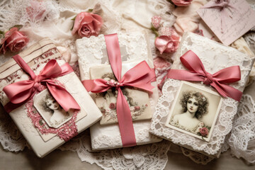 Fototapeta na wymiar Handcrafted Valentine's cards with lace and ribbons, vintage style