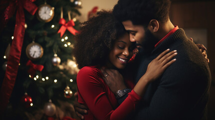 couple in love, people hugging near the Christmas tree.  Christmas holidays