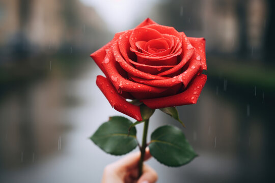 Hand holding a single red rose, with a soft-focus romantic background