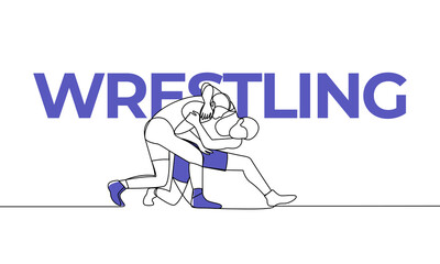 Single continuous drawing of two men fighting. Wrestling. Sport. Colored elements and title. One line vector illustration