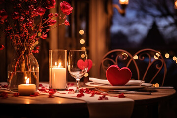 Fototapeta na wymiar Romantic candlelit dinner setting with heart-shaped decorations, evening mood