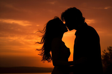 Silhouette of a couple kissing against a sunset, warm tones and soft focus