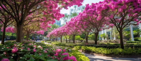 In the vibrant city during the colorful summer the park transformed into a blooming garden adorned with exquisite pink flowers and lush green leaves creating a delightful showcase of nature 