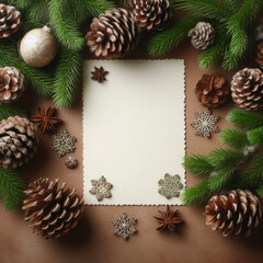 Fototapeta premium christmas stationery blank card pine cones and green christmas tree branches background. ai generative