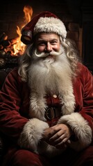Santa Claus in his house next to the fireplace resting in armchair.