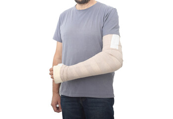 fracture in the arm bandaged and wrapped in a brace