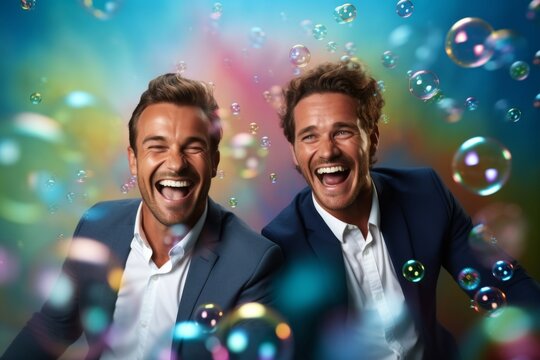 happy smiling two man on colorful background with rainbow soap balloon with gradient