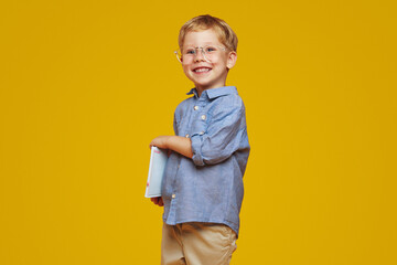 Happy little boy wearing nerdy glasses and blue shirt holding notepads and smiling at camera while...