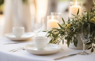 Stylish setting wedding table with place card with olive branch and eucalyptus leaves on white tablecloth