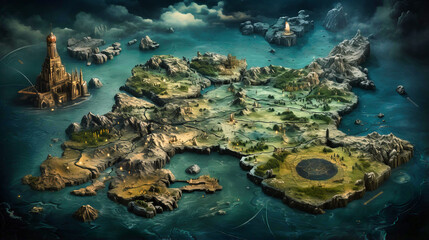 Aged map of mythical lands, Fantasy exploration, Dragons, mermaids, and uncharted territories, - Powered by Adobe