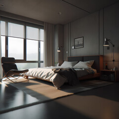 Cozy bedroom interior in Bauhaus style.