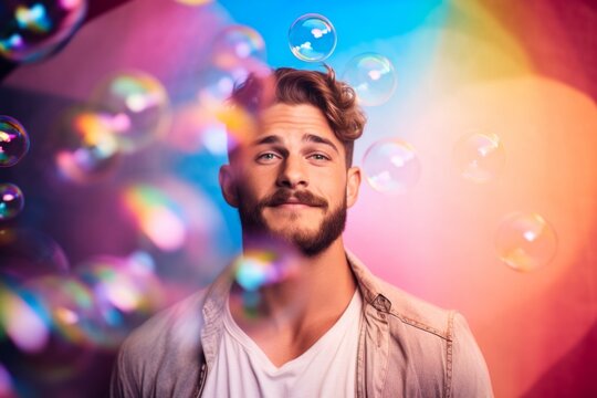 happy man on colorful background with rainbow soap balloon with gradient