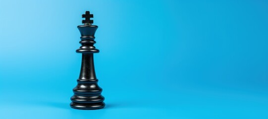 Chess king isolated on blue background with copy space, black chess piece, Generative AI