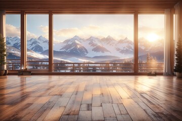 Wooden floor and huge French panoramic windows. ai generative