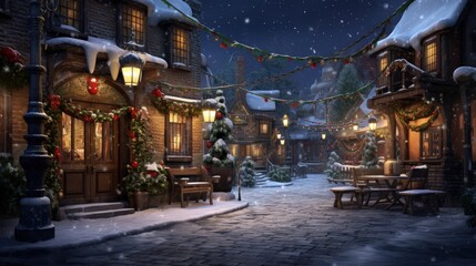 Village covered in snow and with Christmas decorations, Christmas scene in an ancient city, Generative AI