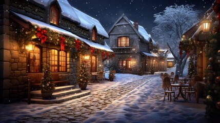 Fototapeta premium Village covered in snow and with Christmas decorations, Christmas scene in an ancient city, Generative AI