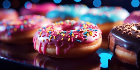 Colorful donuts seen close up on blurred background in bokeh style, Generative AI - obrazy, fototapety, plakaty