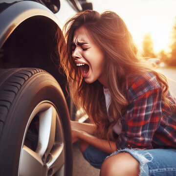 Funny exhausted woman is fixing a car wheel. ai generative