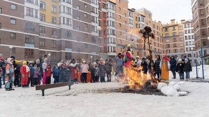 Saburovo, Russia, February 28, 2023: festivities on Maslenitsa - obrazy, fototapety, plakaty