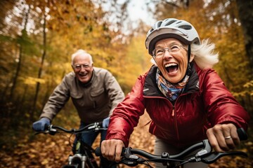 Obraz premium Happy elderly couple riding bicycles in the park with trees, Man and woman riding bicycles, Generative AI