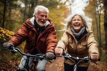 Obraz premium Happy elderly couple riding bicycles in the park with trees, old man and old woman riding a bicycle, Generative AI