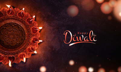 Happy Diwali festival background with greeting text, Diwali Diya lamp isolated on dark background,...