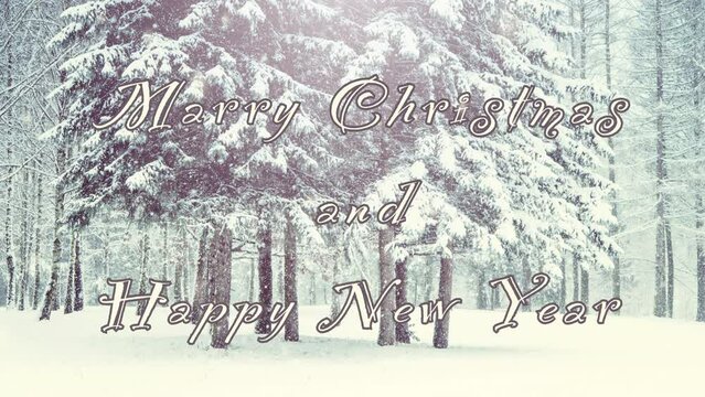 Merry Christmas and Happy New Year words letters white black design. Spruce pine trees snow-covered in forest on winter day. Falling snow snowflakes snowfall. Loop seamless animation text background