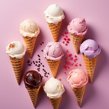 Different types of ice cream, flat lay style image. View from the top