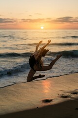 Young Caucasian woman enjoying the sunset by jumping in the air on a sandy beach.