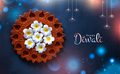 Beautiful Diwali concept background with greeting text, Traditional Diwali Diya lamp lit on a dark background, 2024 Happy Diwali banner image