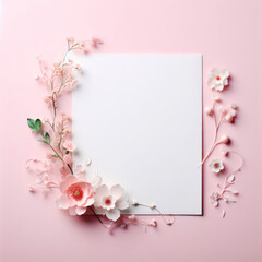 White blank greeting card on the pink background with flowers, love letter. ai generative