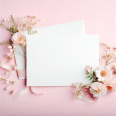 White blank greeting card on the pink background with flowers, love letter. ai generative