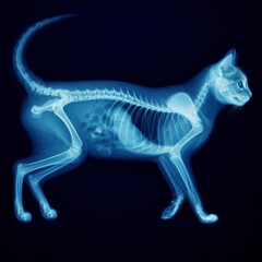 Fototapeta premium X-ray of a cat full body blue tone radiograph on a black background. ai generative