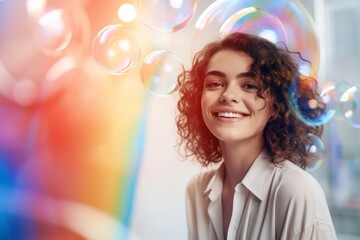 happy smiling woman on colorful background with rainbow soap balloon with gradient